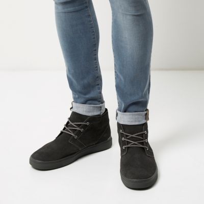 Grey suede lace-up trainer boots